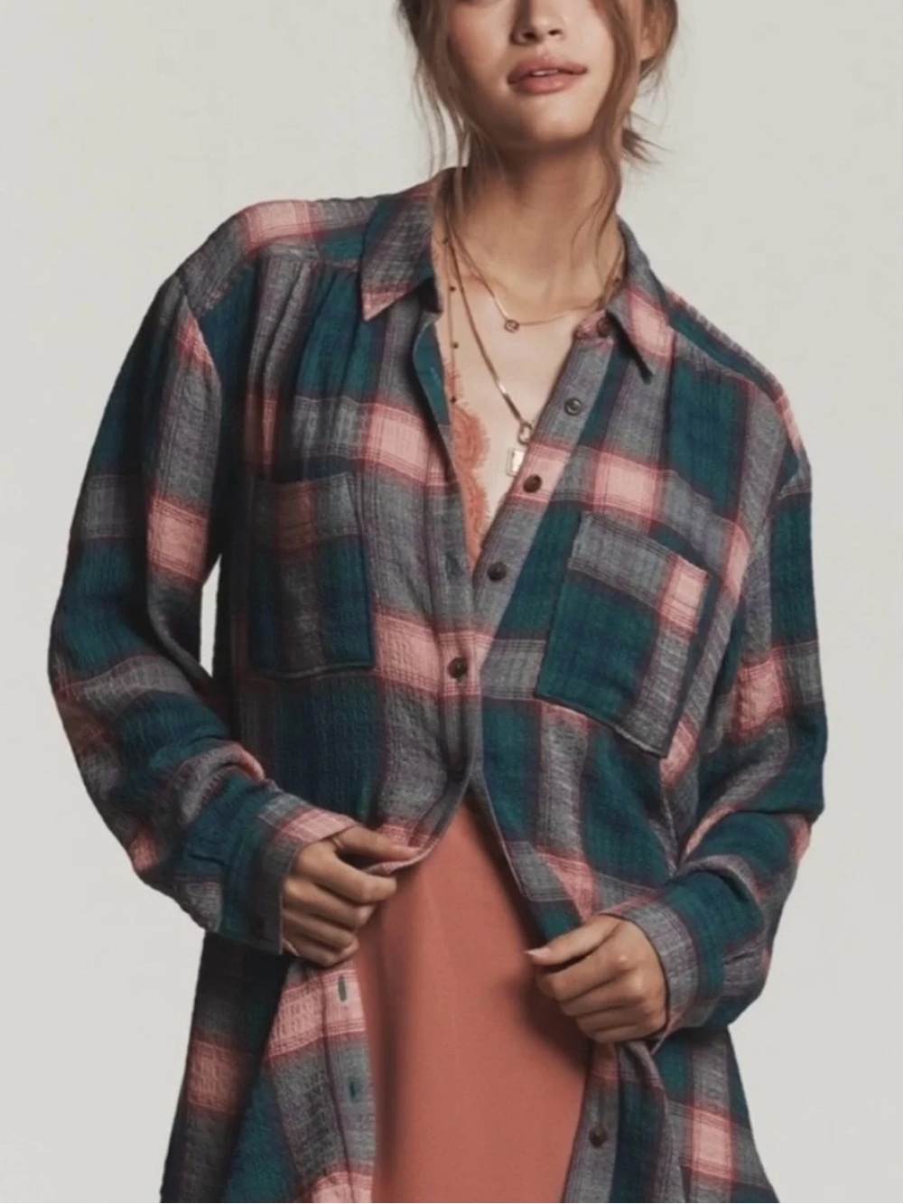 Anthropologie Pilcro Hadley Relaxed Plaid Button Down Shirt Pink Teal XS